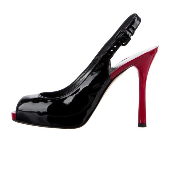 Stuart Weitzman Patent Leather Red Black Peep Toe Stiletto Heels size 9 - Picture 1 of 9